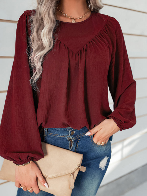 Women’s Loose Fit Solid Color Long Sleeve Linen Blouse With Pleated V Hem Across The Chest