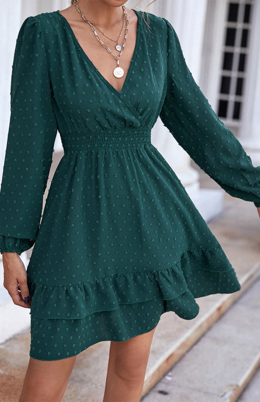 Ladies V-Neck Dress With Long Sleeves And Flounces