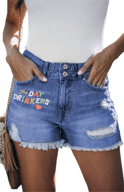 Women's Letters Print Raw Cuffs Denim Shorts