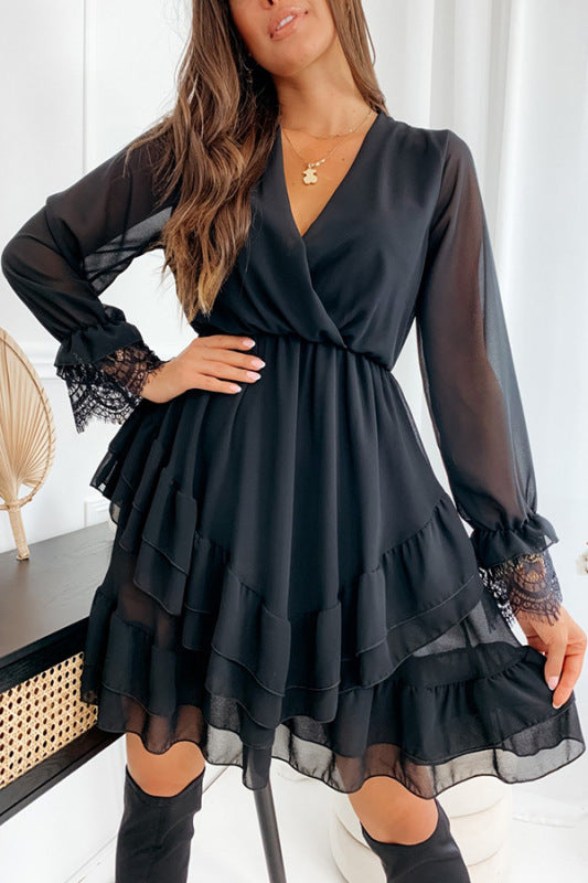 Women's Woven V-Neck Chiffon Elegant Ruffle Dress