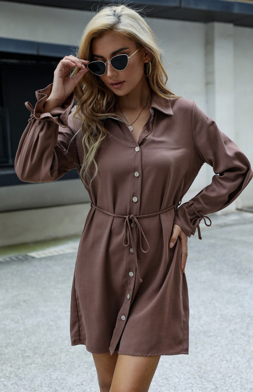 Ladies Lapel Ruffle Long Sleeve Dress