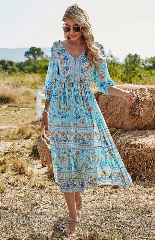 Women'S 3/4 Sleeve Boho Print Maxi Dress