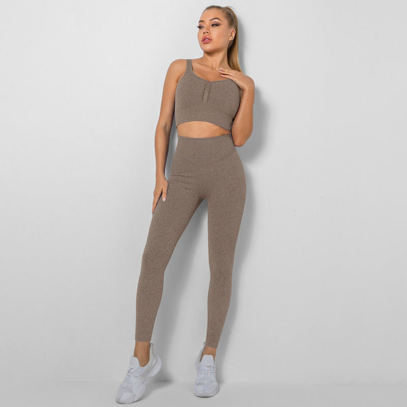 Women's Seamless High Waist Peach Gym Pants Vest Sports Two-piece Set