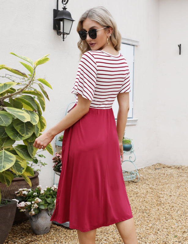 Ladies Casual Fashion Tie Waist Striped Dress