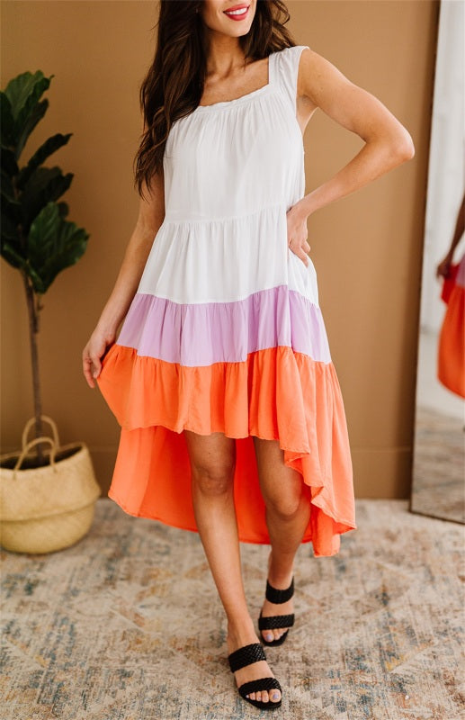 Women's High Low Tiered Colorblock Square Collar Midi Dress