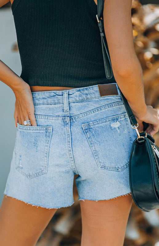 Women's Raw Edge Ripped Small Slit Casual Denim Shorts