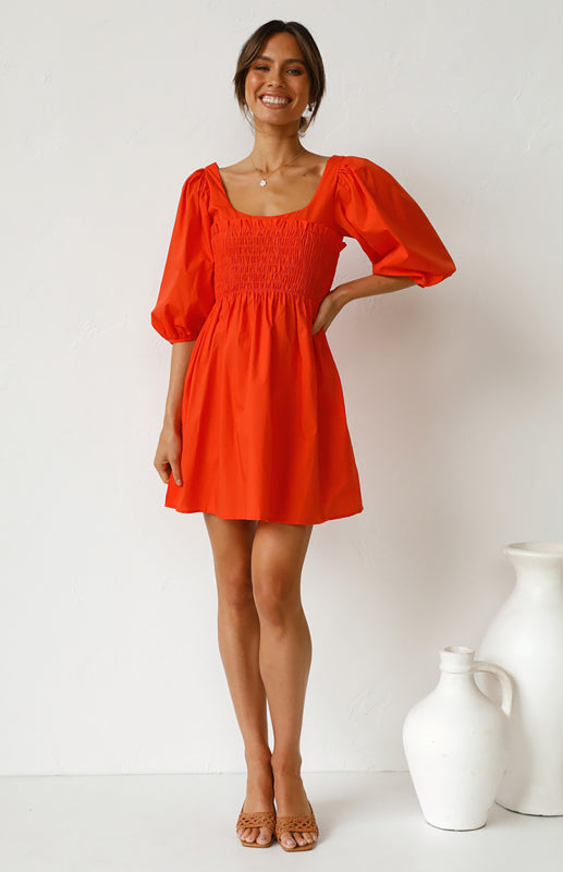 Women's Lantern Sleeve Solid Color Dress