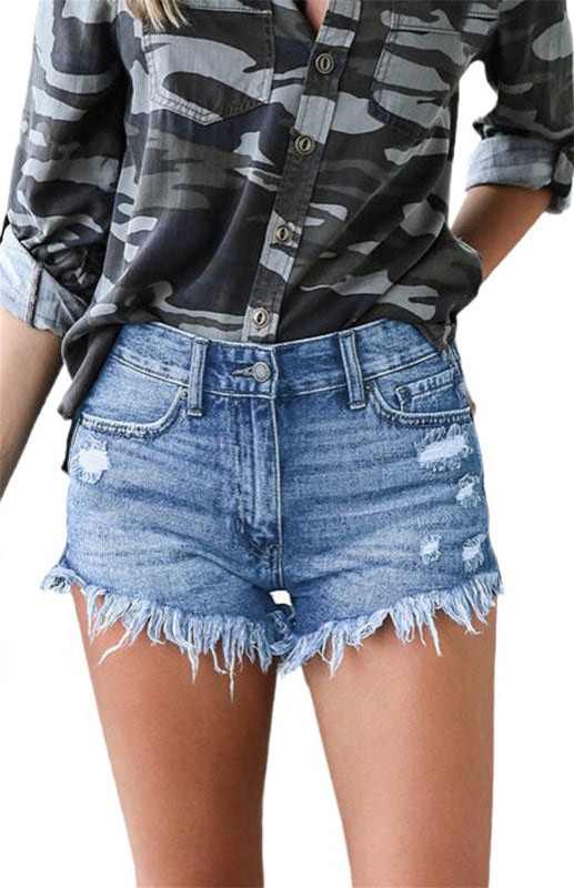 Frayed High Waist Button Zip Pocket Raw Hem Distressed Washed Denim Shorts