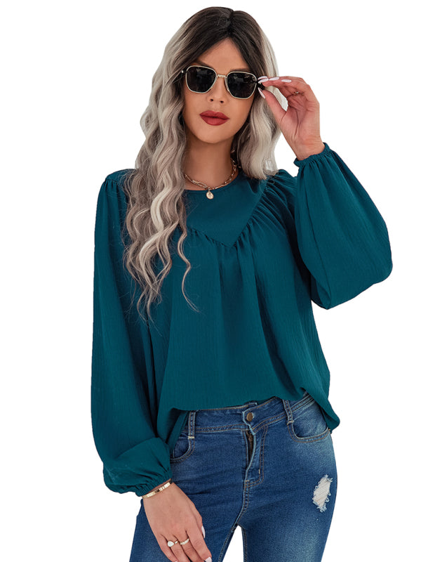 Women’s Loose Fit Solid Color Long Sleeve Linen Blouse With Pleated V Hem Across The Chest