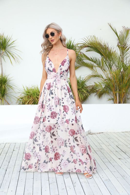 Women's chiffon printed suspender sexy long dress