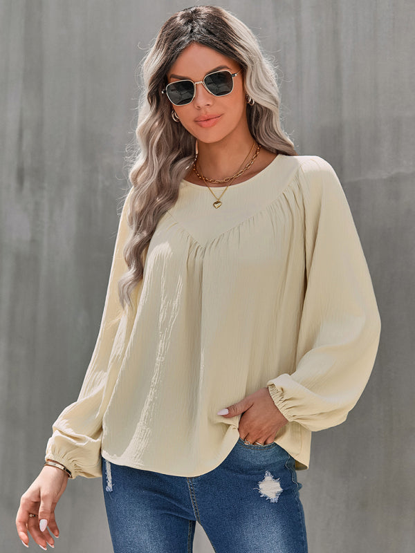 Women’s Loose Fit Solid Color Long Sleeve Linen Blouse With Pleated V Hem Across The Chest