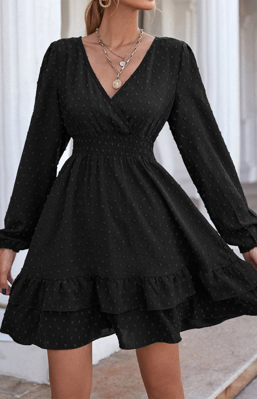 Ladies V-Neck Dress With Long Sleeves And Flounces