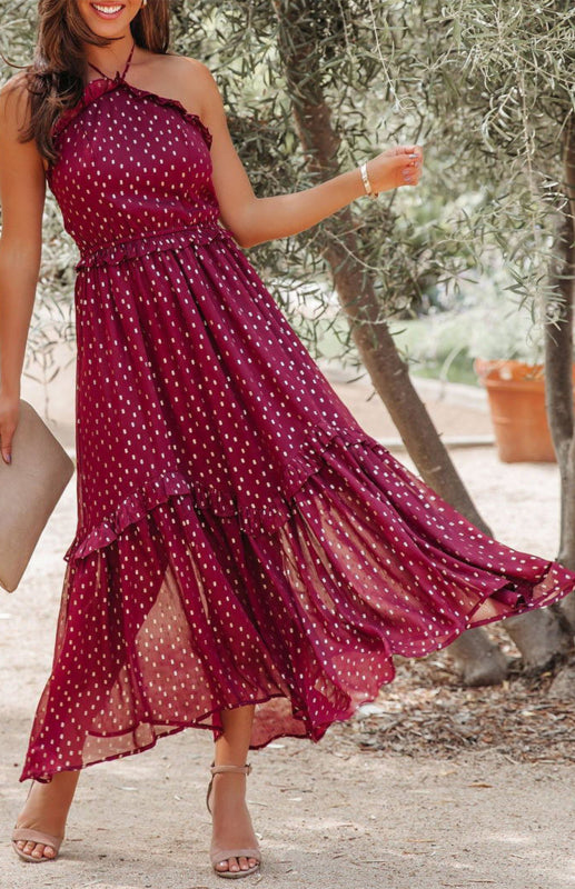 Red Polka Dot Print Ruffled Halter Neck Backless Long Dress