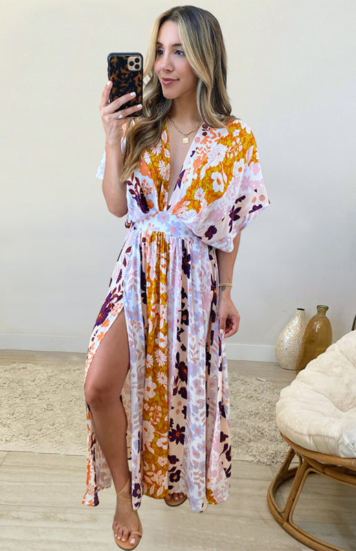 Women's Doll Sleeve V-Neck Print Beach Dress