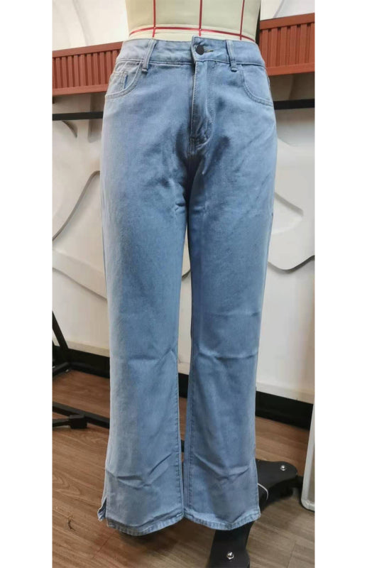 Women's Washed Slit Mid-Waist Denim Trousers