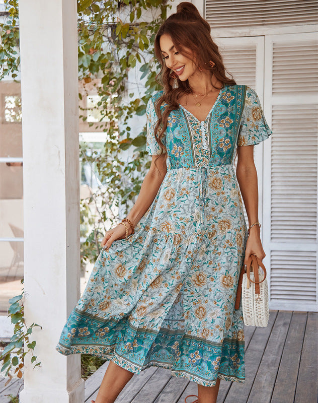 Women's V-neck short-sleeved bohemian long-sleeved dress