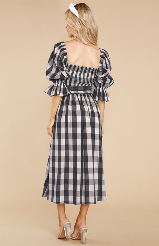 Women's Plaid Waist Wrap Chest Tie Sexy Print Casual Dress