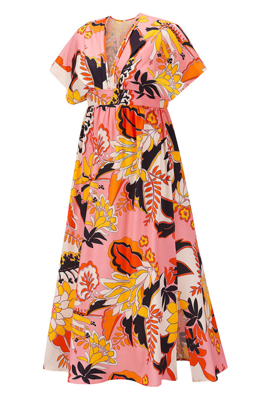 Women's Doll Sleeve V-Neck Print Beach Dress