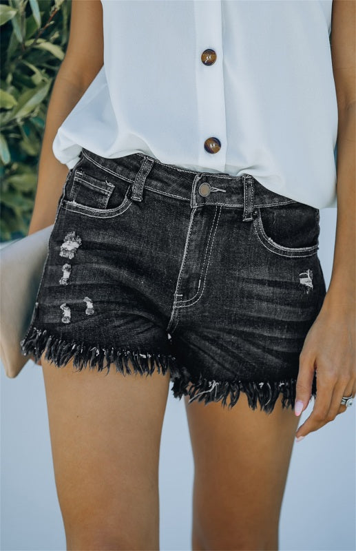 Frayed High Waist Button Zip Pocket Raw Hem Distressed Washed Denim Shorts