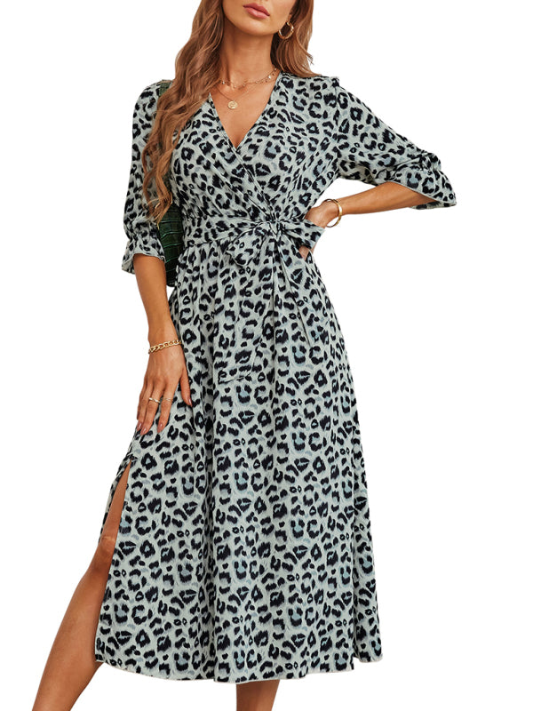 Women's fashion leopard print split dress