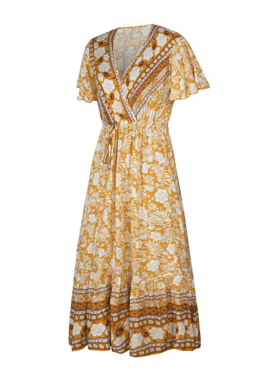 V-neck flared-sleeve tie-in-waist floral-print panel ruffle maxi dress