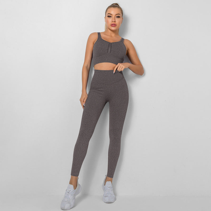 Women's Seamless High Waist Peach Gym Pants Vest Sports Two-piece Set