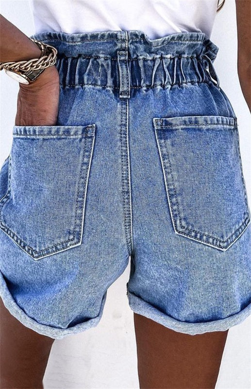 Women's Gray Ruffled High Waist Buttoned Denim Shorts