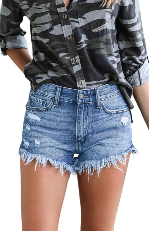 Frayed High Waist Button Zip Pocket Raw Hem Distressed Washed Denim Shorts