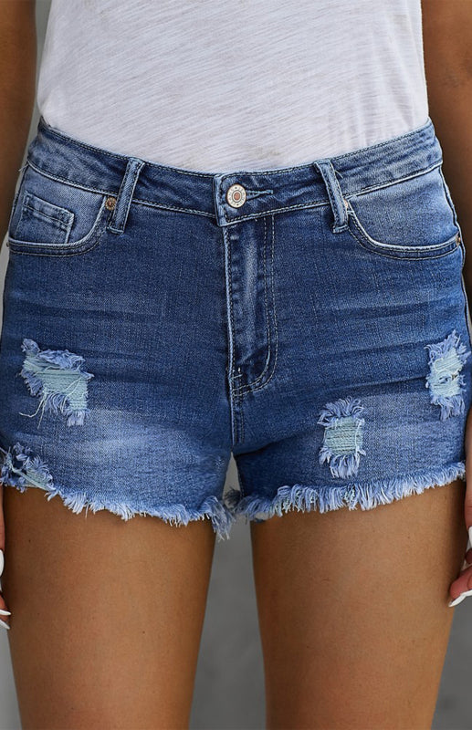 High Rise Distressed Ripped Raw Hem Denim Shorts