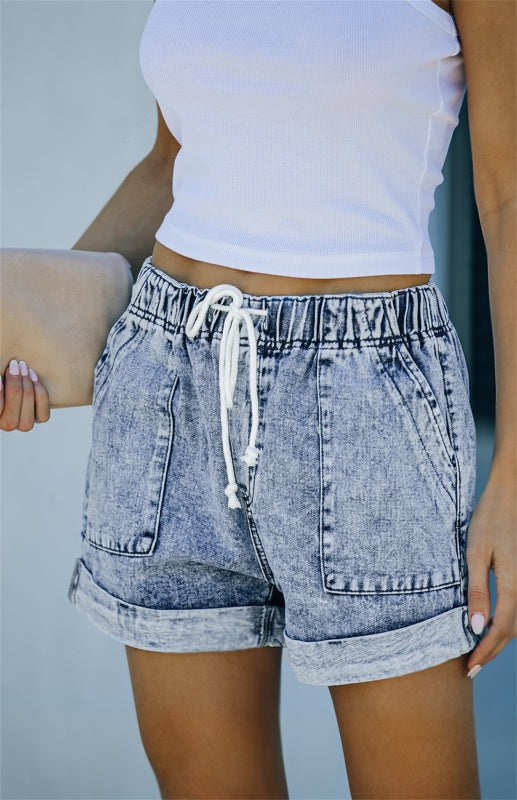 Women's Sky Blue Pocketed Drawstring High Waist Denim Shorts