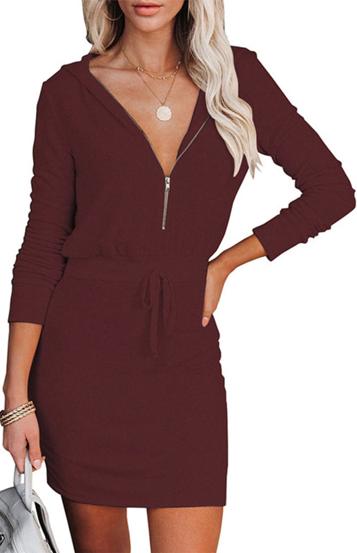 Women's Zipper Long Sleeve Hooded Hip Dress