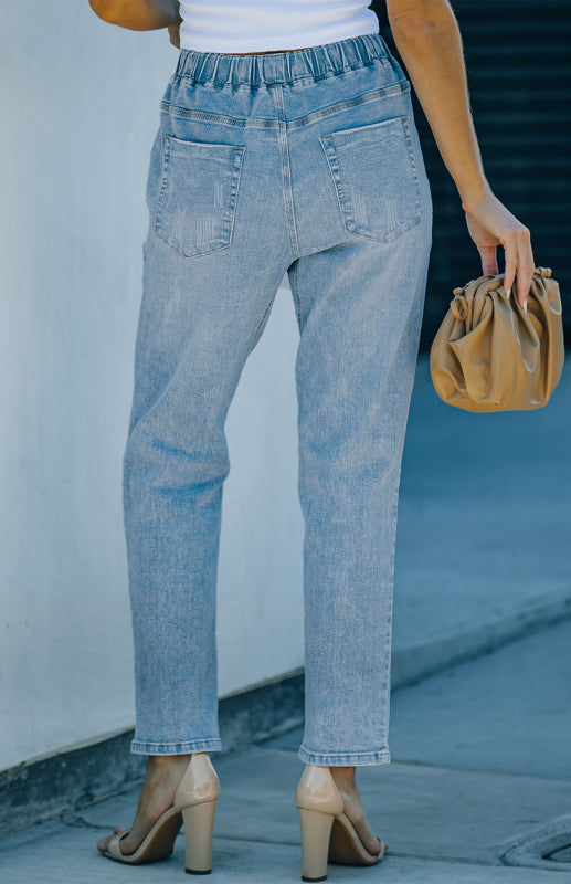 Distressed Drawstring Gather Round Distressed Pocketed Denim Jogger