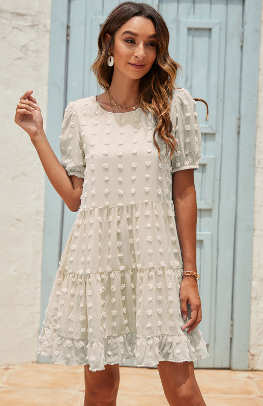 Round Neck Puff Sleeve Jacquard Casual Dress