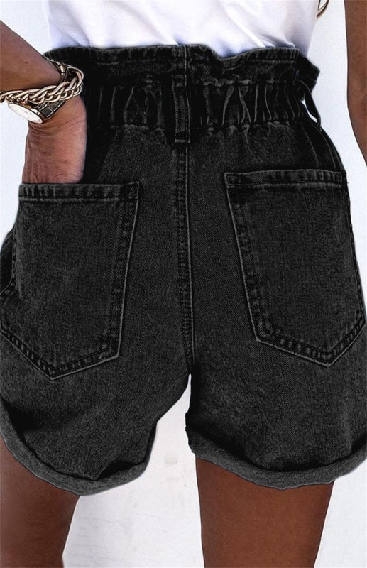 Women's Gray Ruffled High Waist Buttoned Denim Shorts