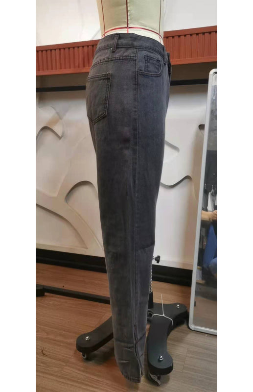 Women's Washed Slit Mid-Waist Denim Trousers