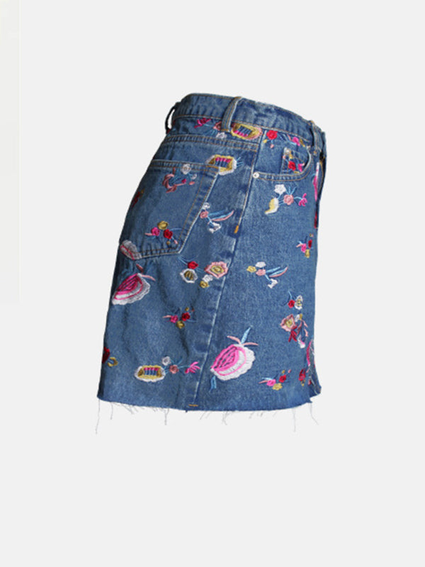 Women's Floral Embroidered High Waist Washed Denim Mid Skirt