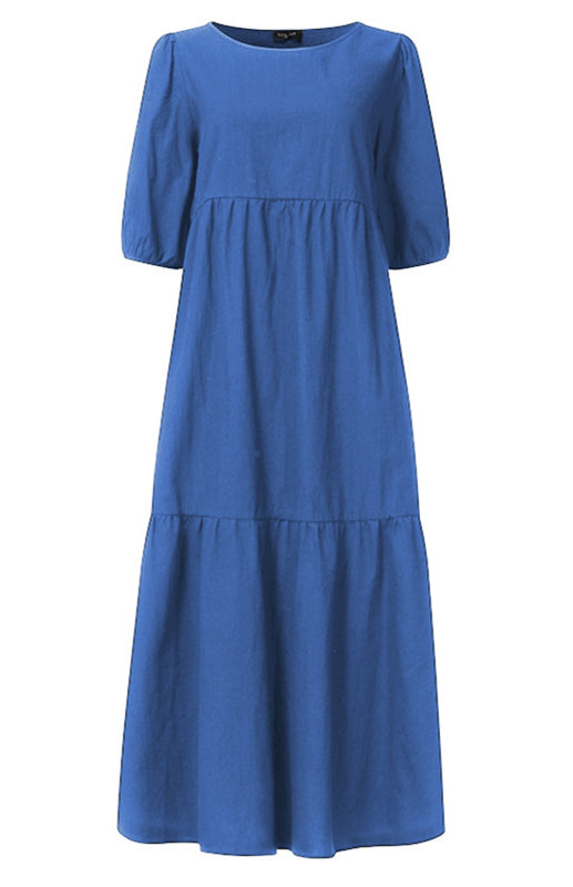 Linen Blend Round Neck Puff Sleeve Babydoll Midi Dress