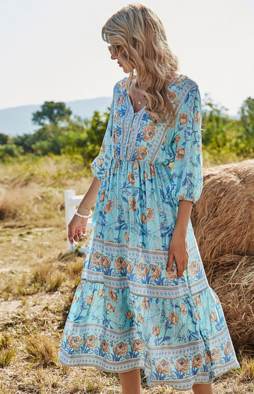 Women'S 3/4 Sleeve Boho Print Maxi Dress