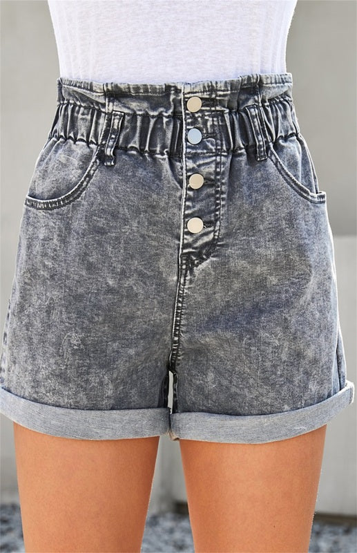 Women's Gray Ruffled High Waist Buttoned Denim Shorts