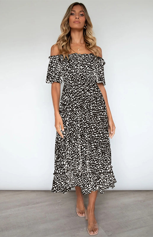 Women's Short-Sleeved, Off-The-Shoulder Leopard Print Dress