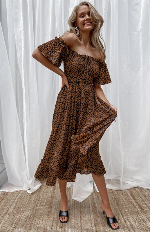 Women's Short-Sleeved, Off-The-Shoulder Leopard Print Dress