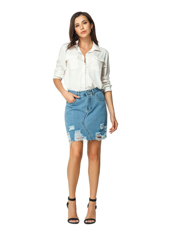 Women's spring and summer ripped denim skirt