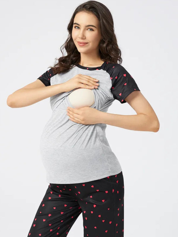 Women's printed maternity short sleeve round neck nursing home clothes