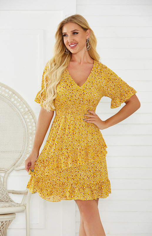 Printed V-Neck Elastic Waist Casual Dress