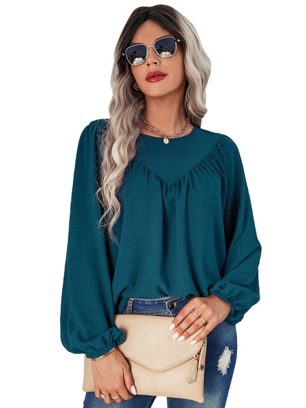 Women’s Loose Fit Solid Color Long Sleeve Linen Blouse With Pleated V Hem Across The Chest