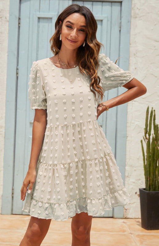 Round Neck Puff Sleeve Jacquard Casual Dress