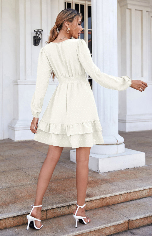 Ladies V-Neck Dress With Long Sleeves And Flounces