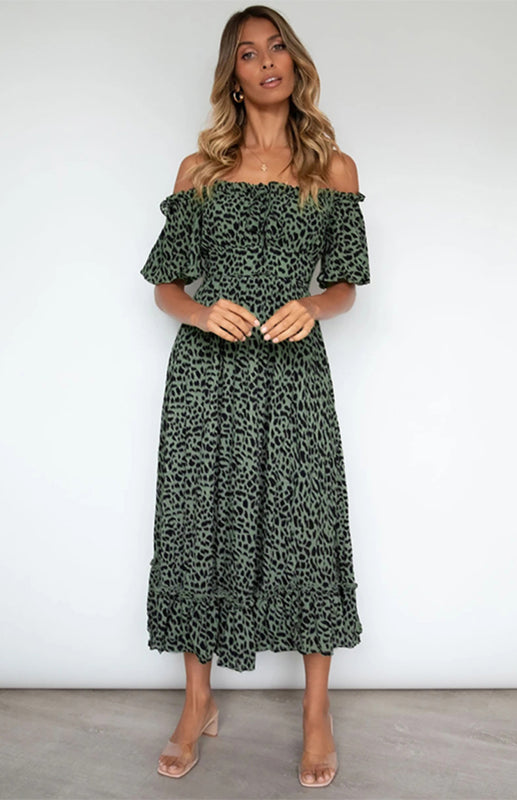 Women's Short-Sleeved, Off-The-Shoulder Leopard Print Dress