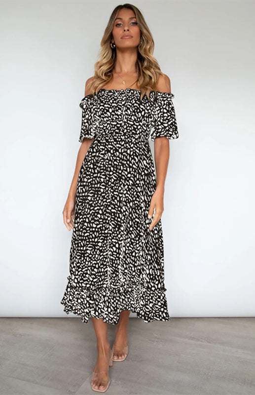 Women's Short-Sleeved, Off-The-Shoulder Leopard Print Dress