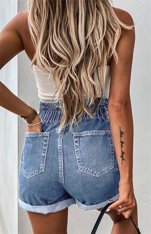 Women's High Waist Bud Button Denim Shorts